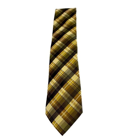 Platinum Designs tan brown white plaid 100 % polyester length 29 inches - Picture 1 of 6